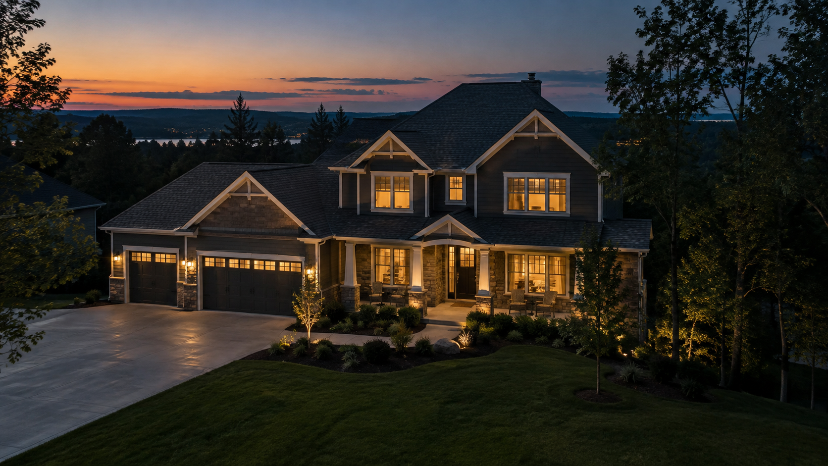 A welcoming American home at dusk with warm lights in the windows