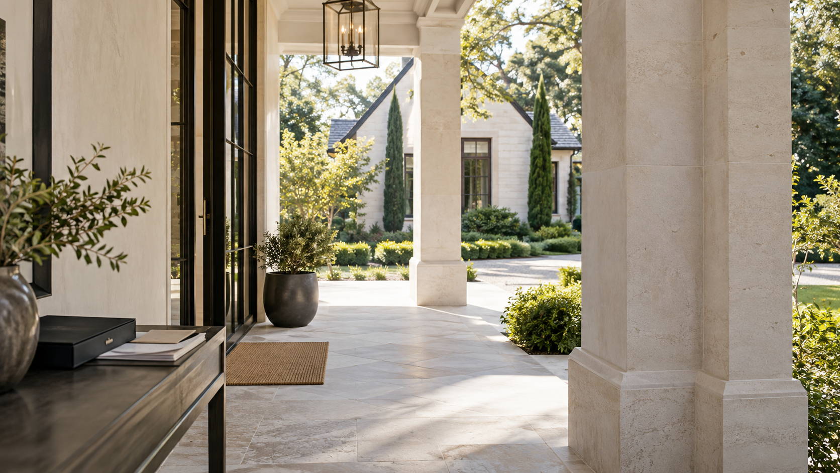 Sunlit limestone terrace overlooking a residential garden, with orderly property documents on a console