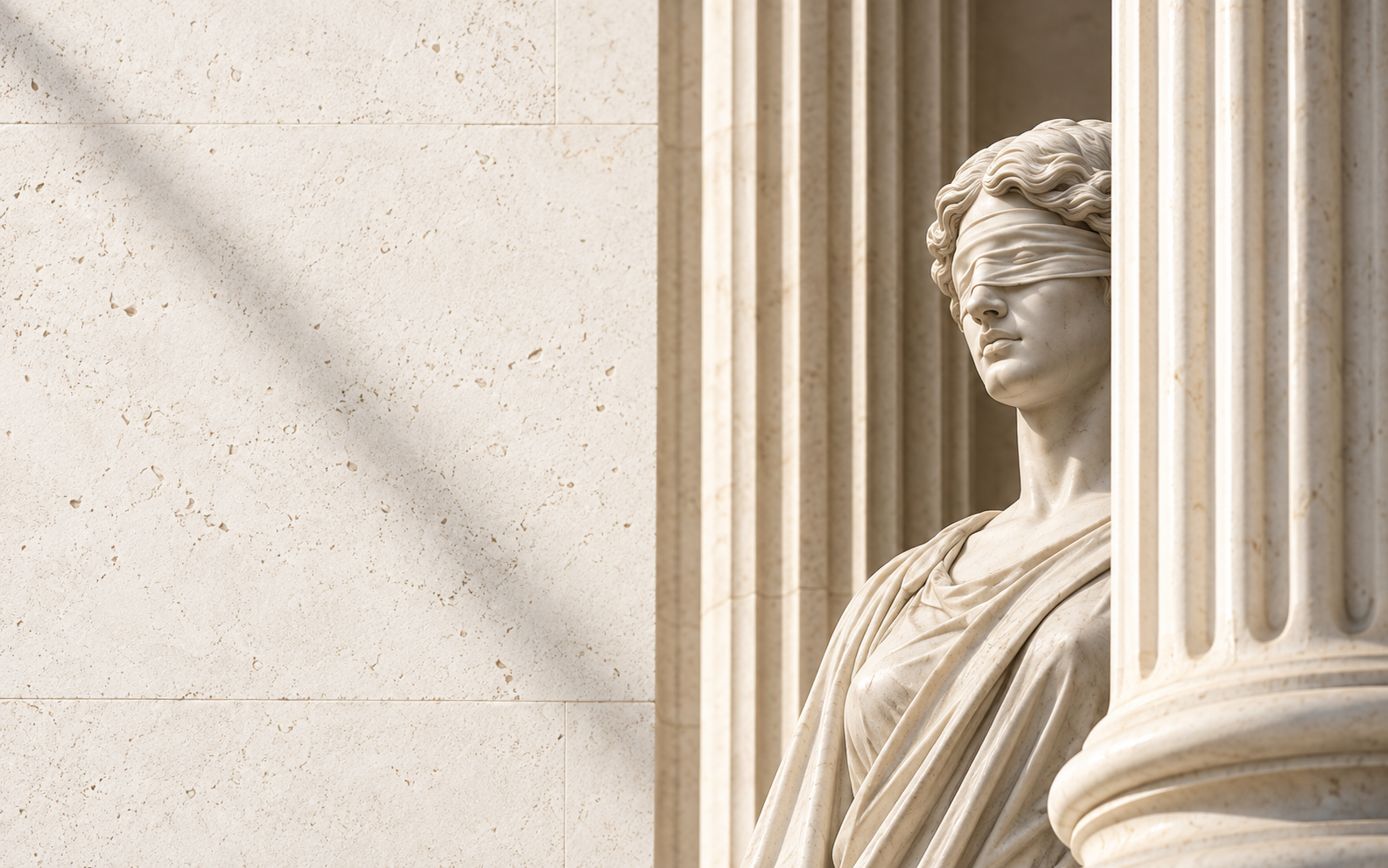 A modestly draped Lady Justice statue beside classical stone columns
