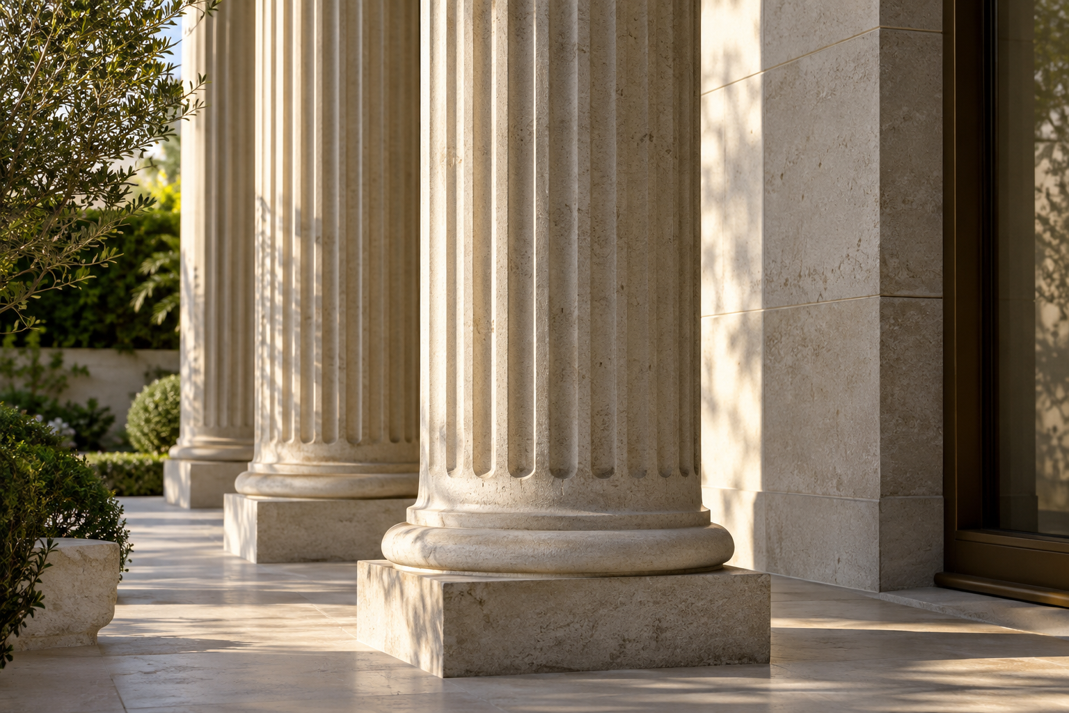 Substantial limestone pillars in warm natural light